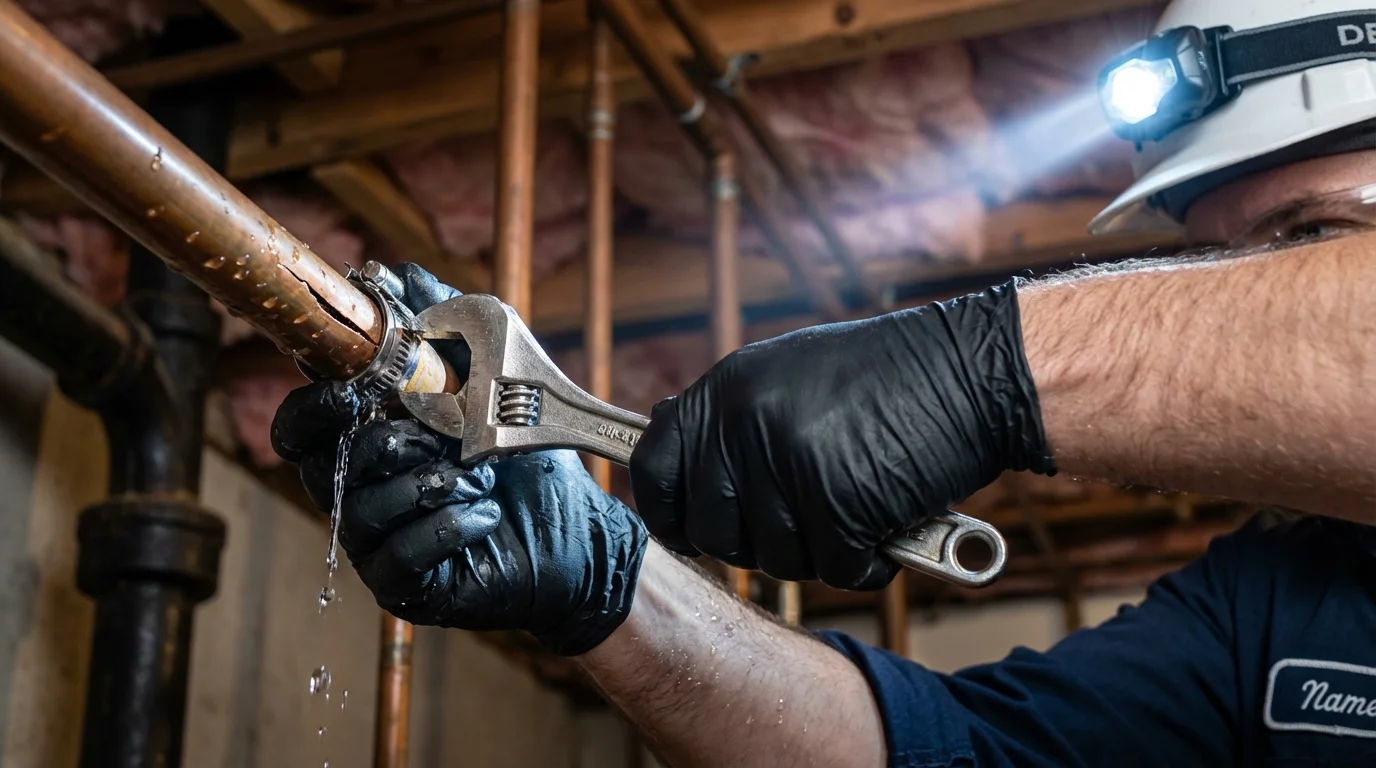 Emergency pipe clamp repair being performed by a Johns Plumbing LLC plumber in Flagstaff