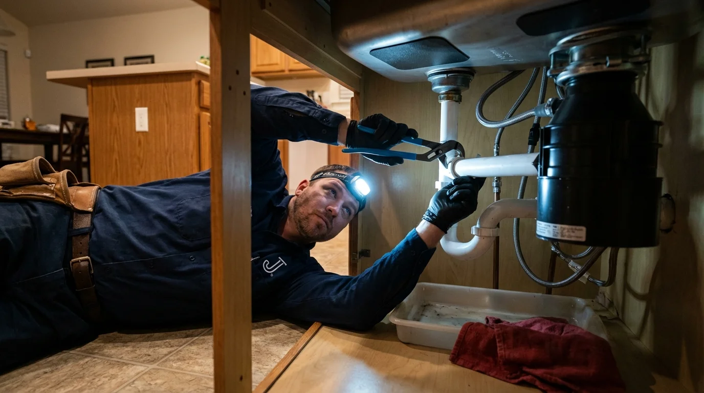 P-trap and supply line connections under a kitchen sink showing a common leak point in Flagstaff, AZ